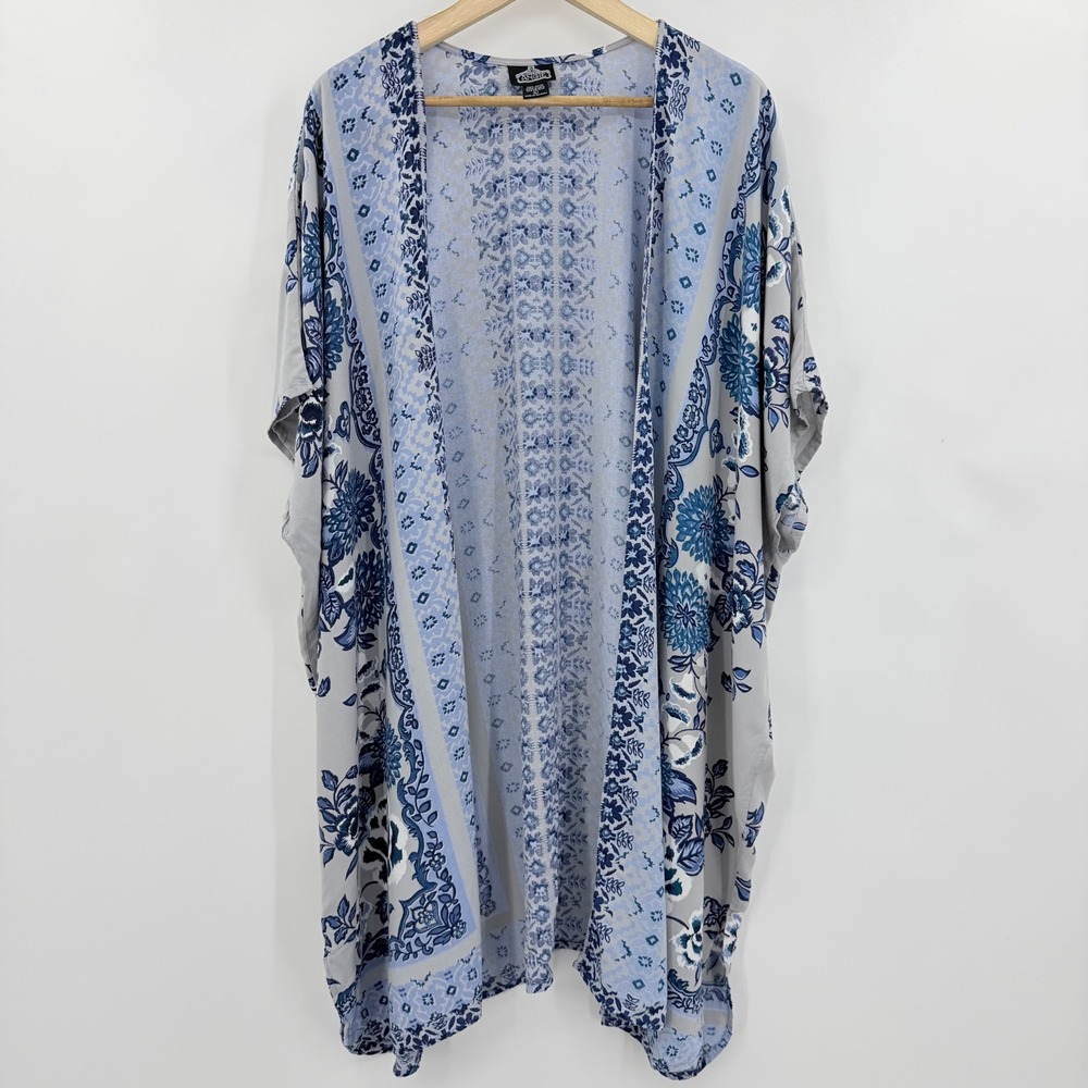 Angie Floral Kimono Women Large Blue Grey Boho Rayon Open Front Cardigan Wrap